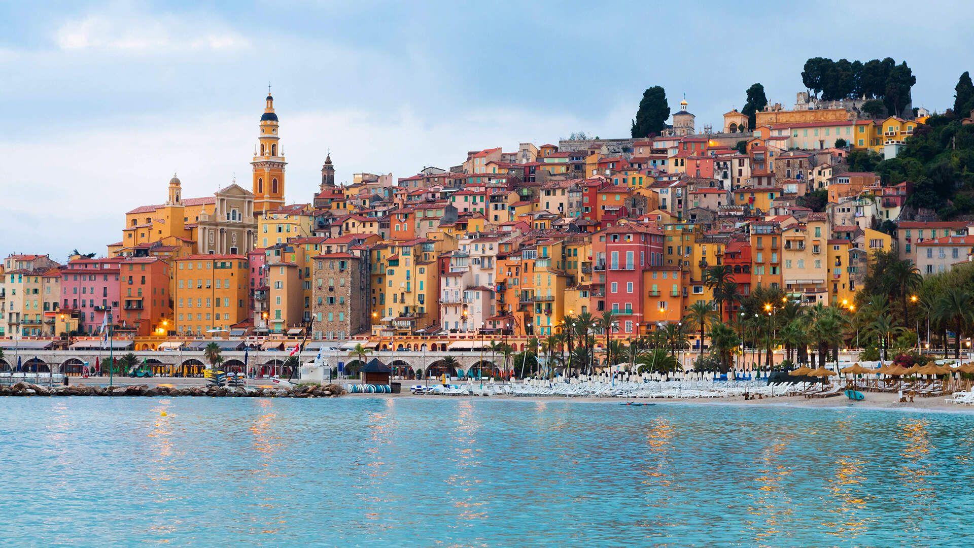Colourful old town of Menton on the French Riviera seen from the sea