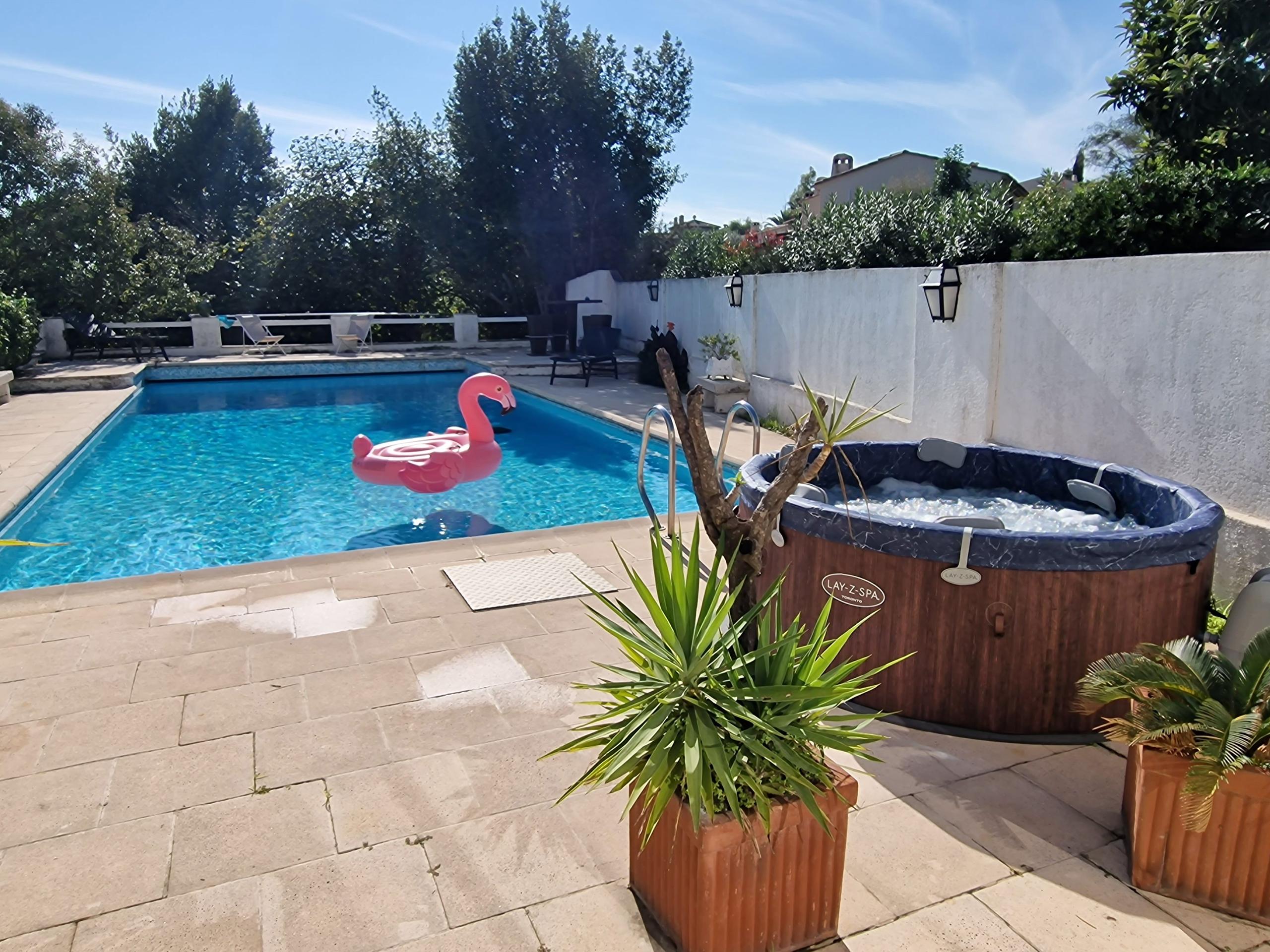 Large pool with a flamingo float and jacuzzi side by side in the garden