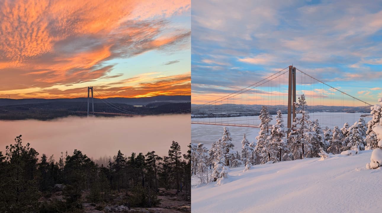 Side-by-side image of the Höga Kusten bridge at sunset and in winter with snow-covered trees