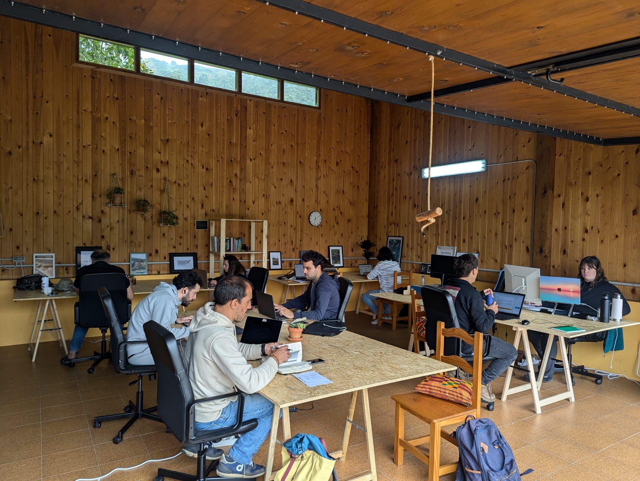 Coworking space converted from garage with natural light and mountain views
