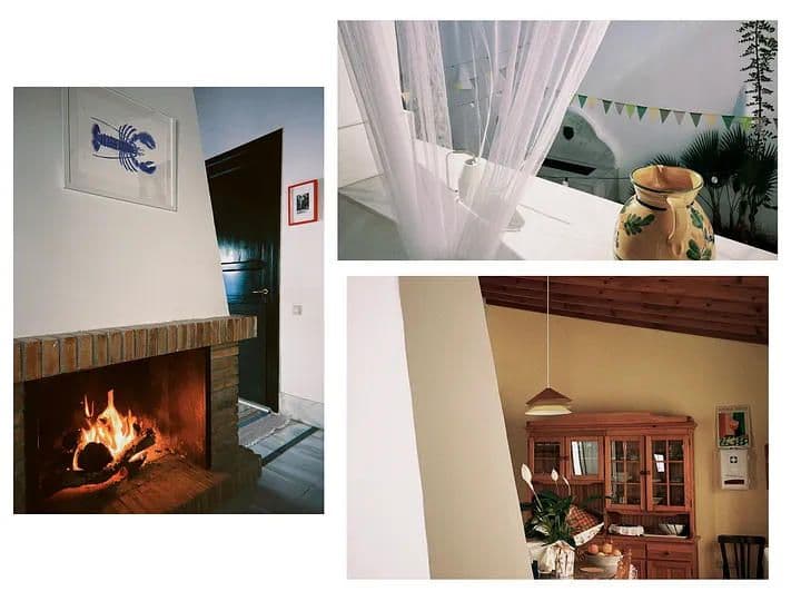 A collage of three interior shots: a fireplace in the living room, a patio with sheer curtains and a ceramic jug, and the kitchen/dining area with wooden furniture