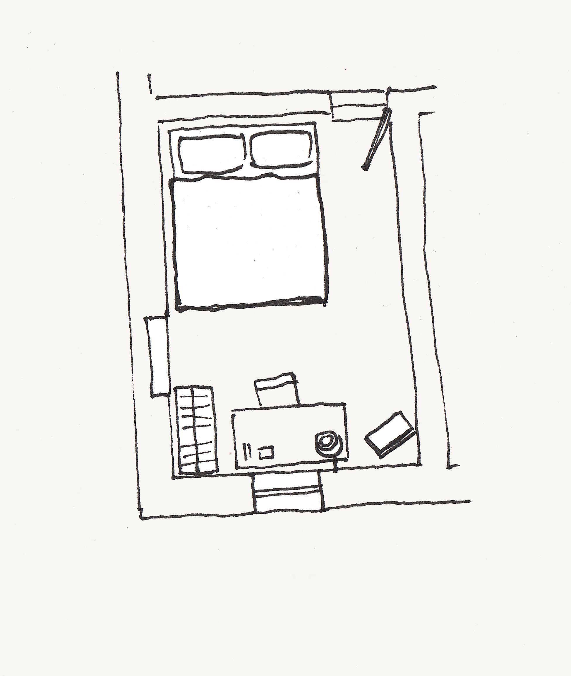 ARBUS room plan with bed, desk and wardrobe, top view, graphic concept