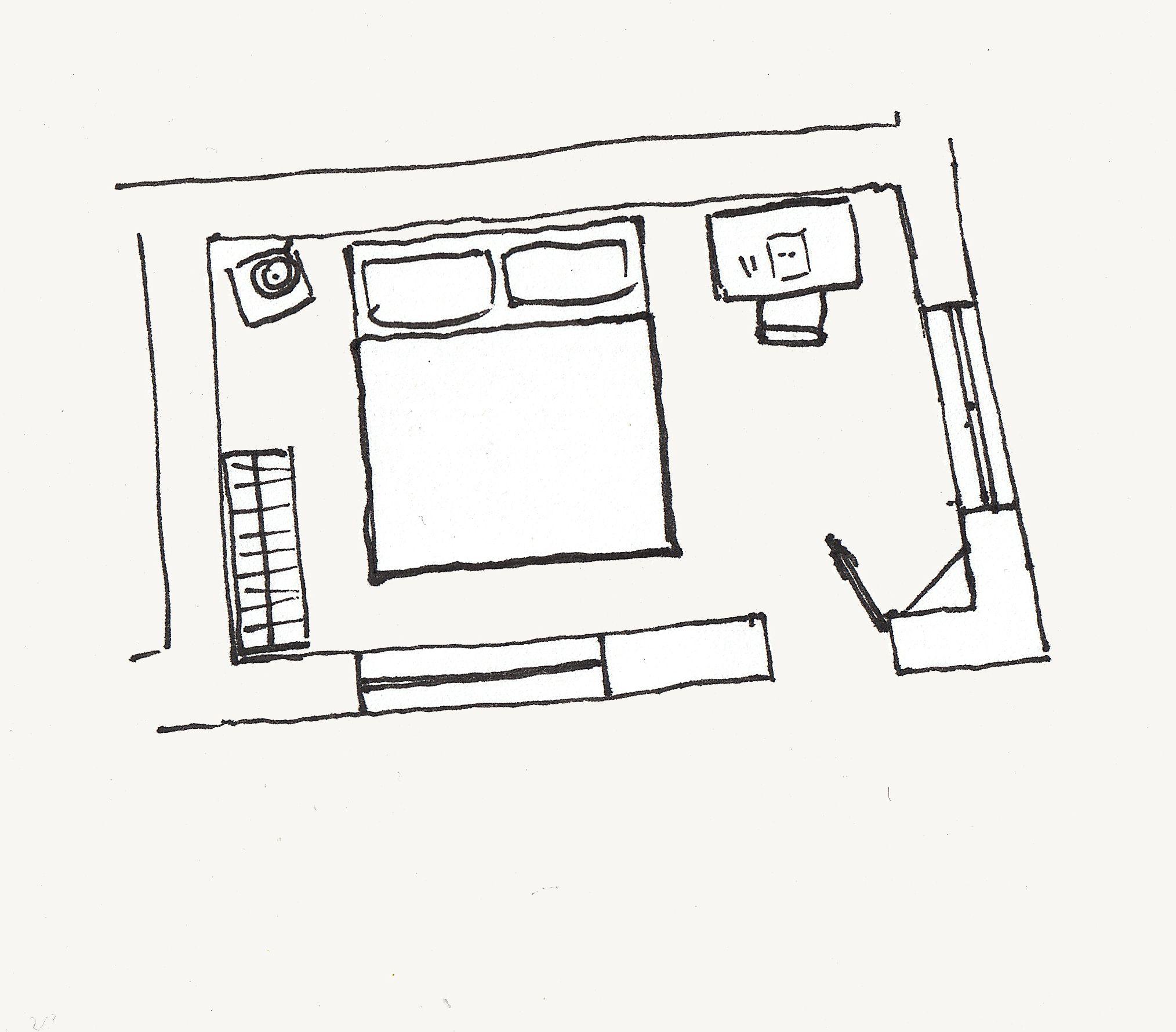 A sketch of the WOODMAN room plan with bed, desk and window