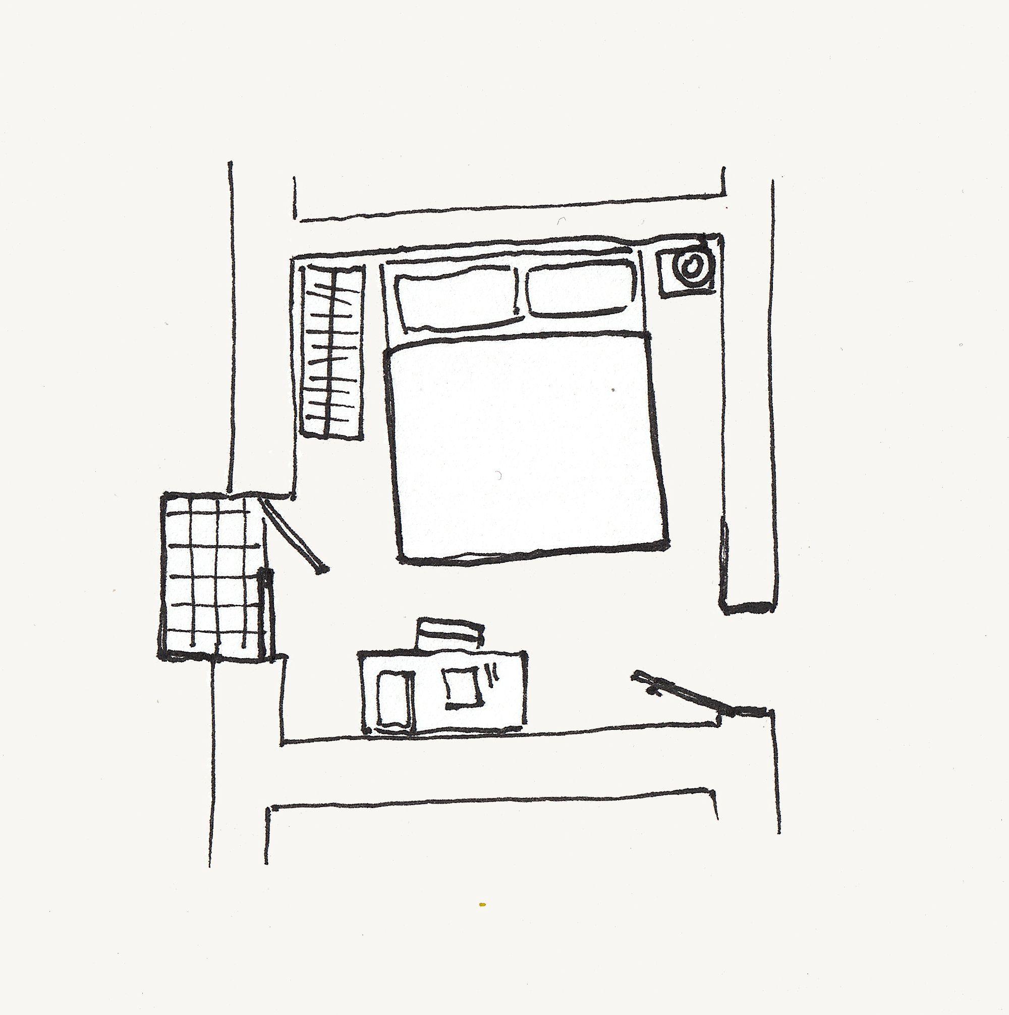 Drawing of the GOLDIN room with bed, nightstand, and rectangular window