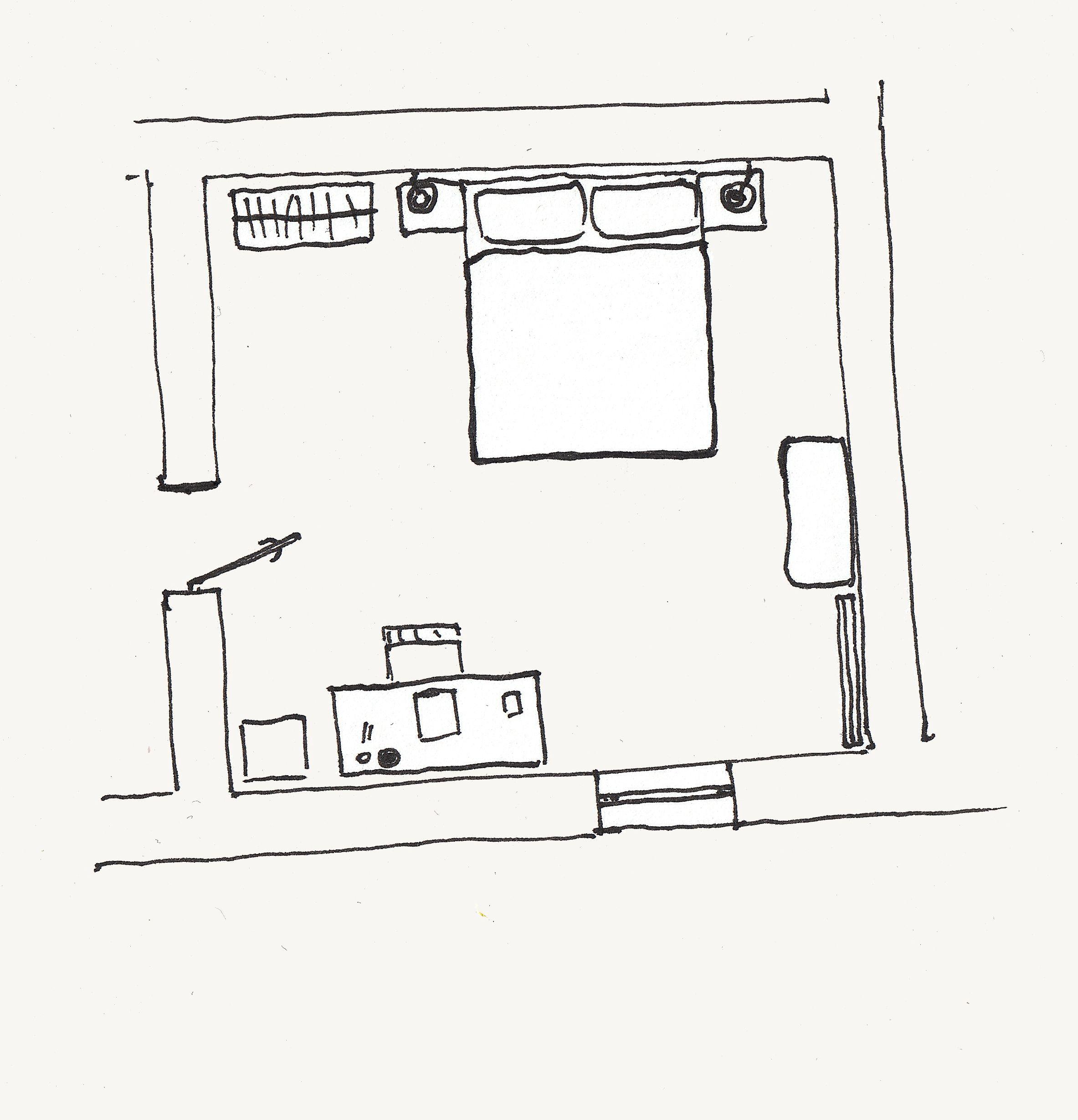 Floor plan of the SALLY room with bed and basic furniture in black and white