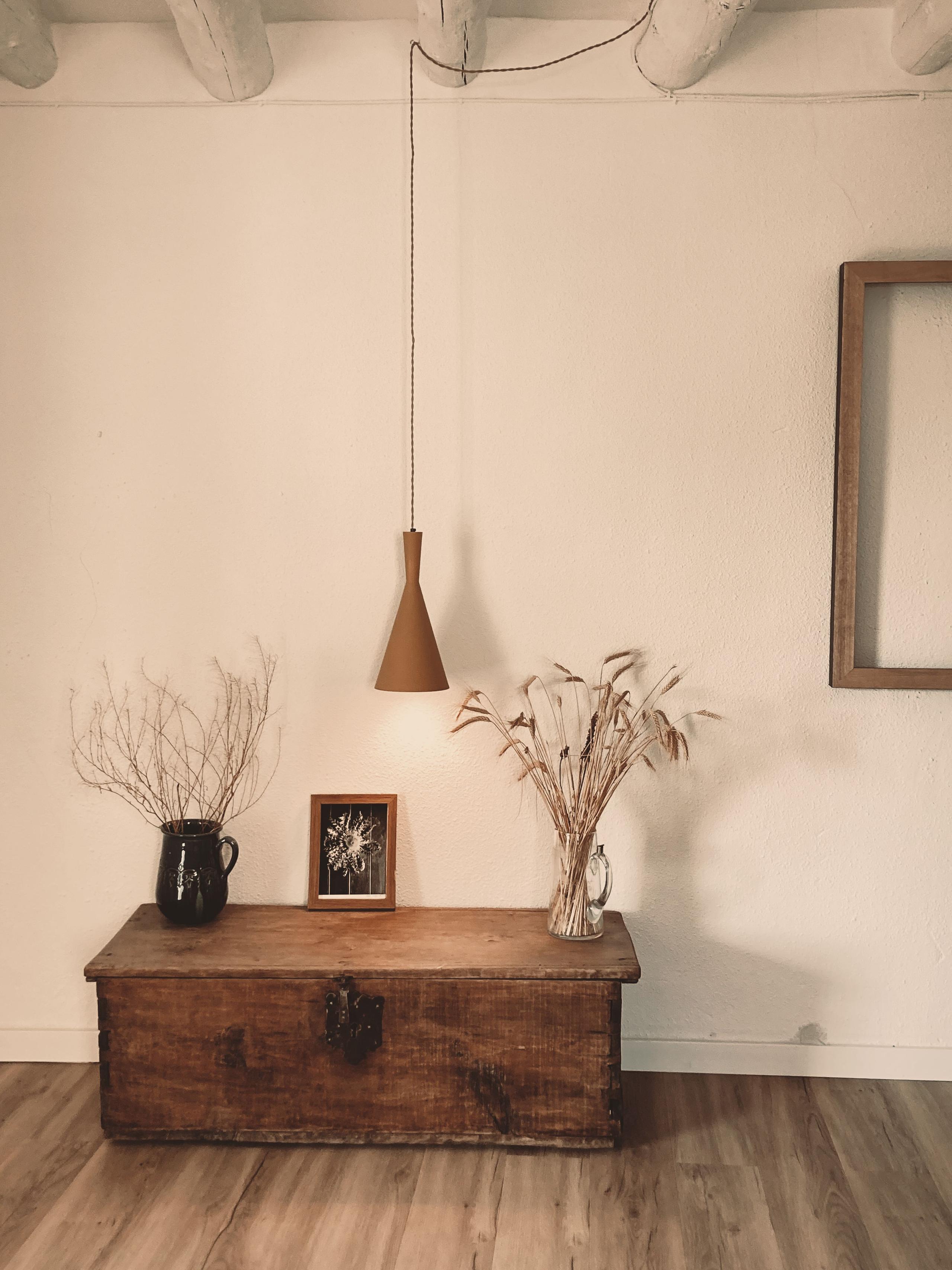 Relaxation lounge at Posada de la Luz showing a very old wooden chest with dried flowers, a framed photo and a hanging ceiling lamp