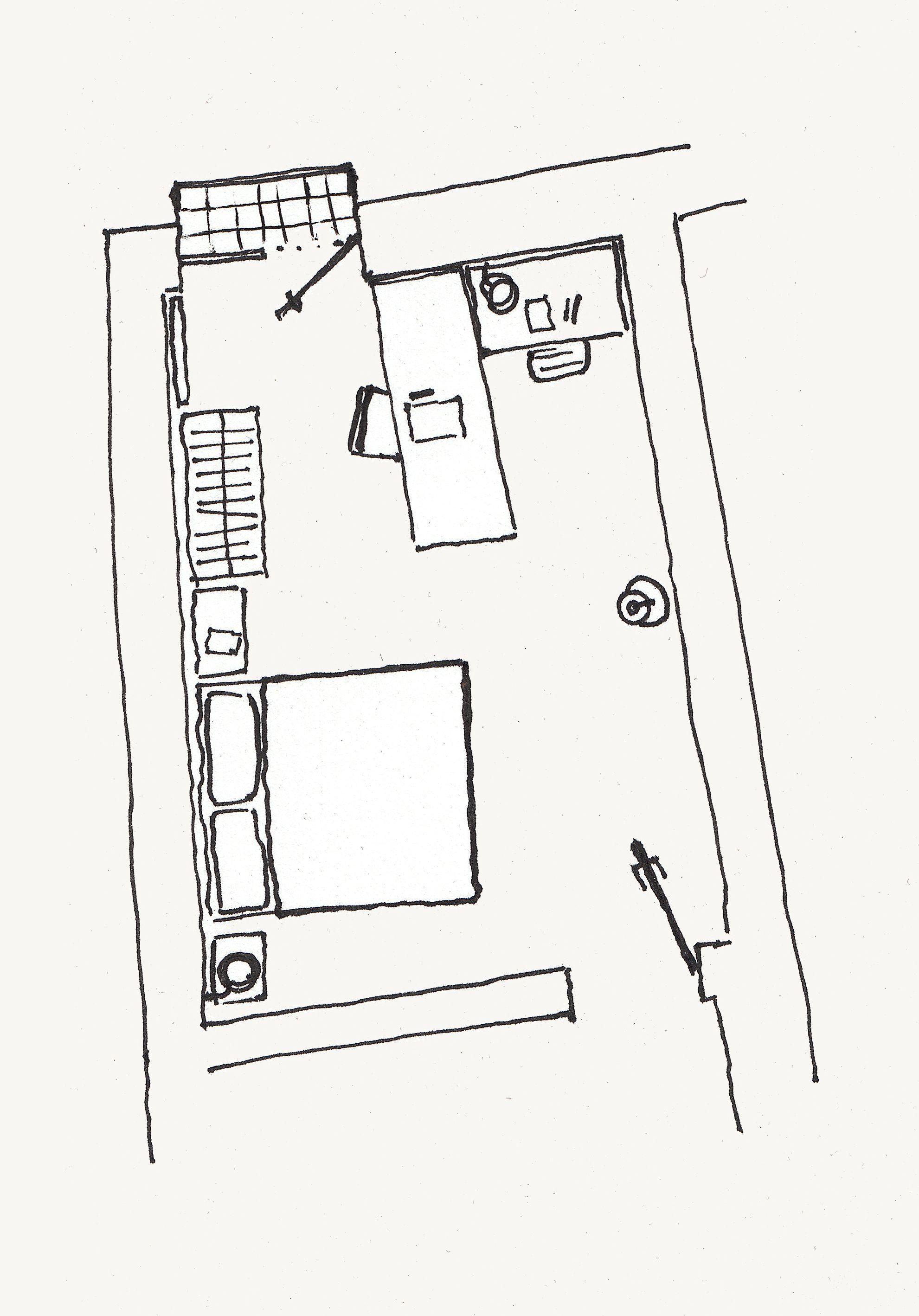 Hand-drawn floor plan of the GRACIELA room, with bed, desk and balcony