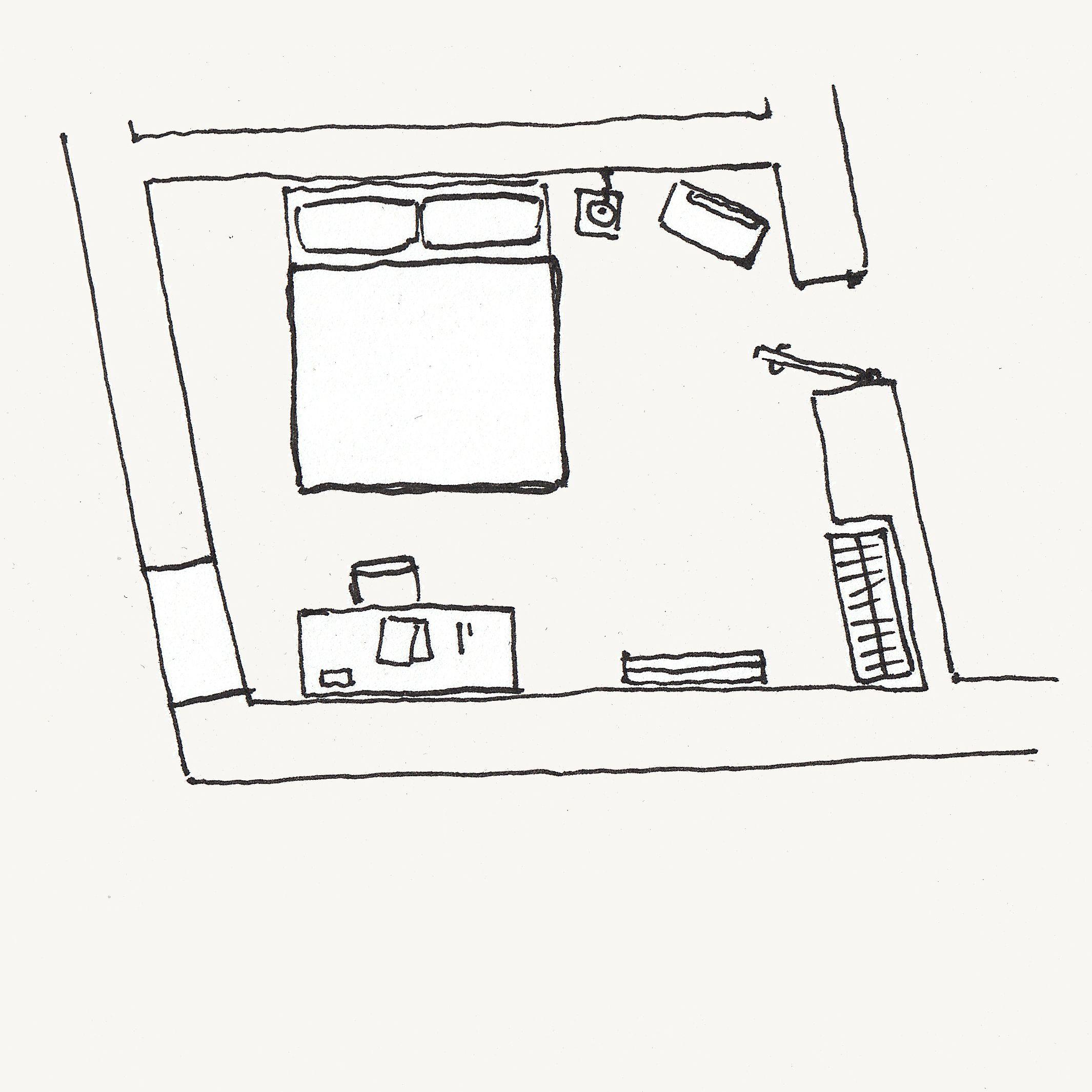 Floor plan of the VIVIAN room with bed, furniture and windows; interior design