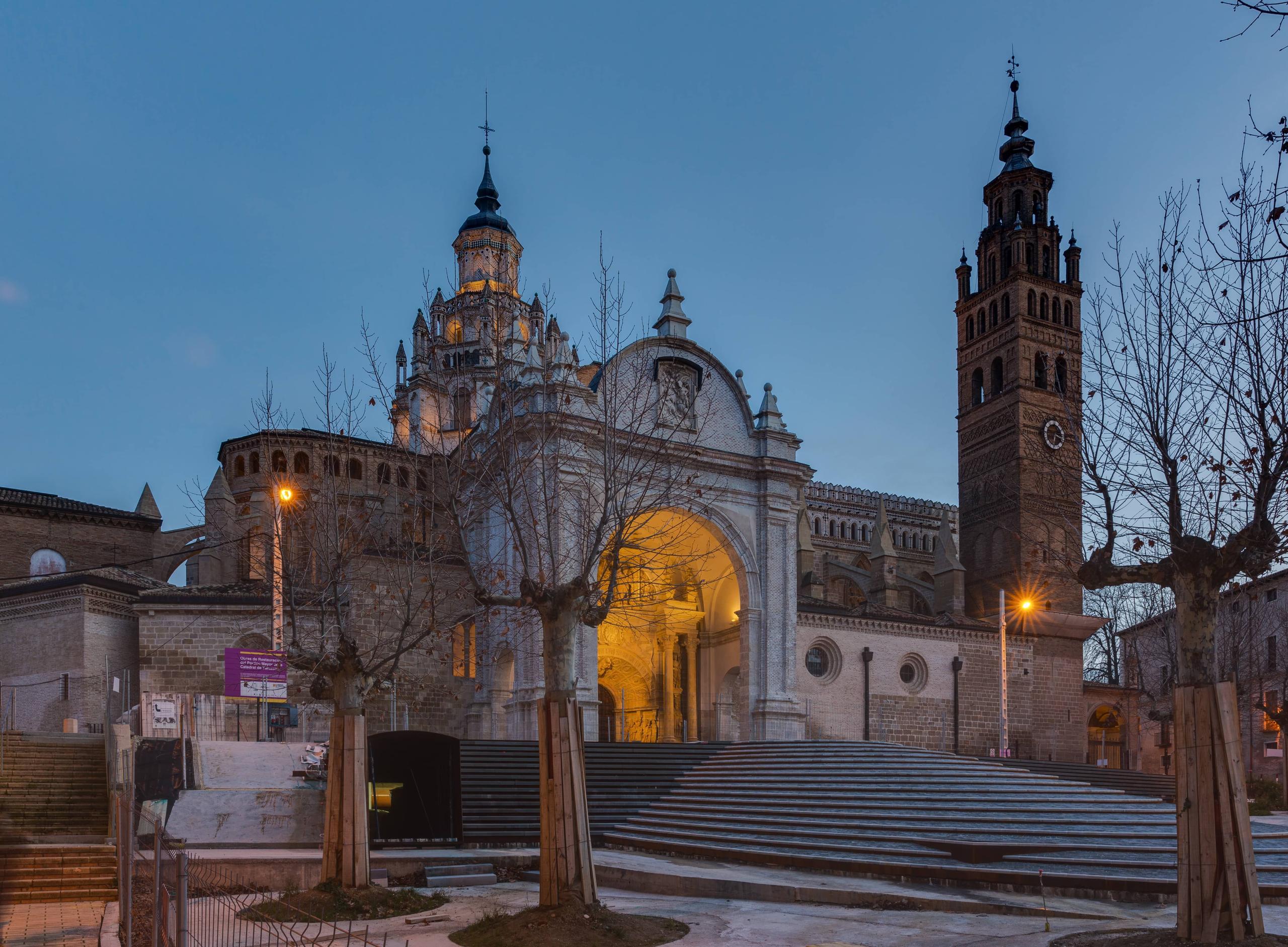 Cathedral of Tarazona (Moncayo) with night illumination, imposing architecture in Spain