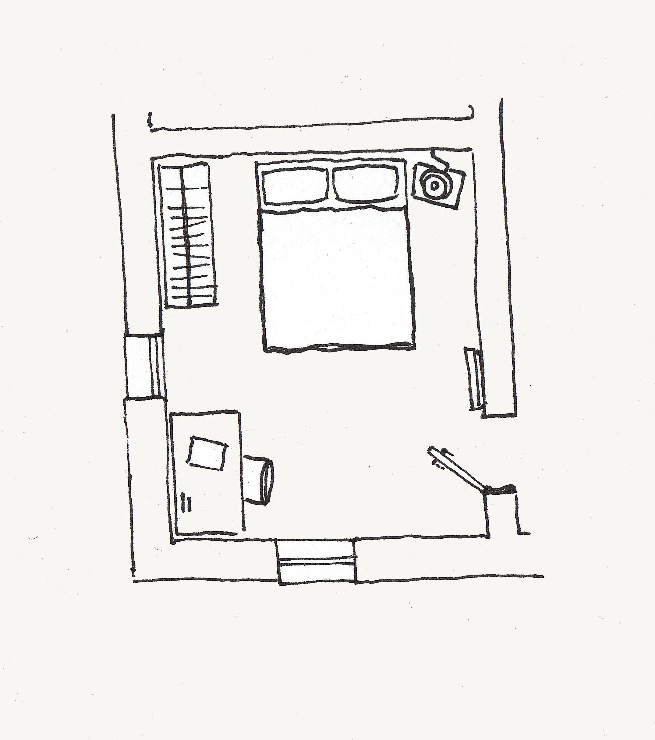 Floor plan of the RINKO room with bed, nightstand, wardrobe, desk, and stairs