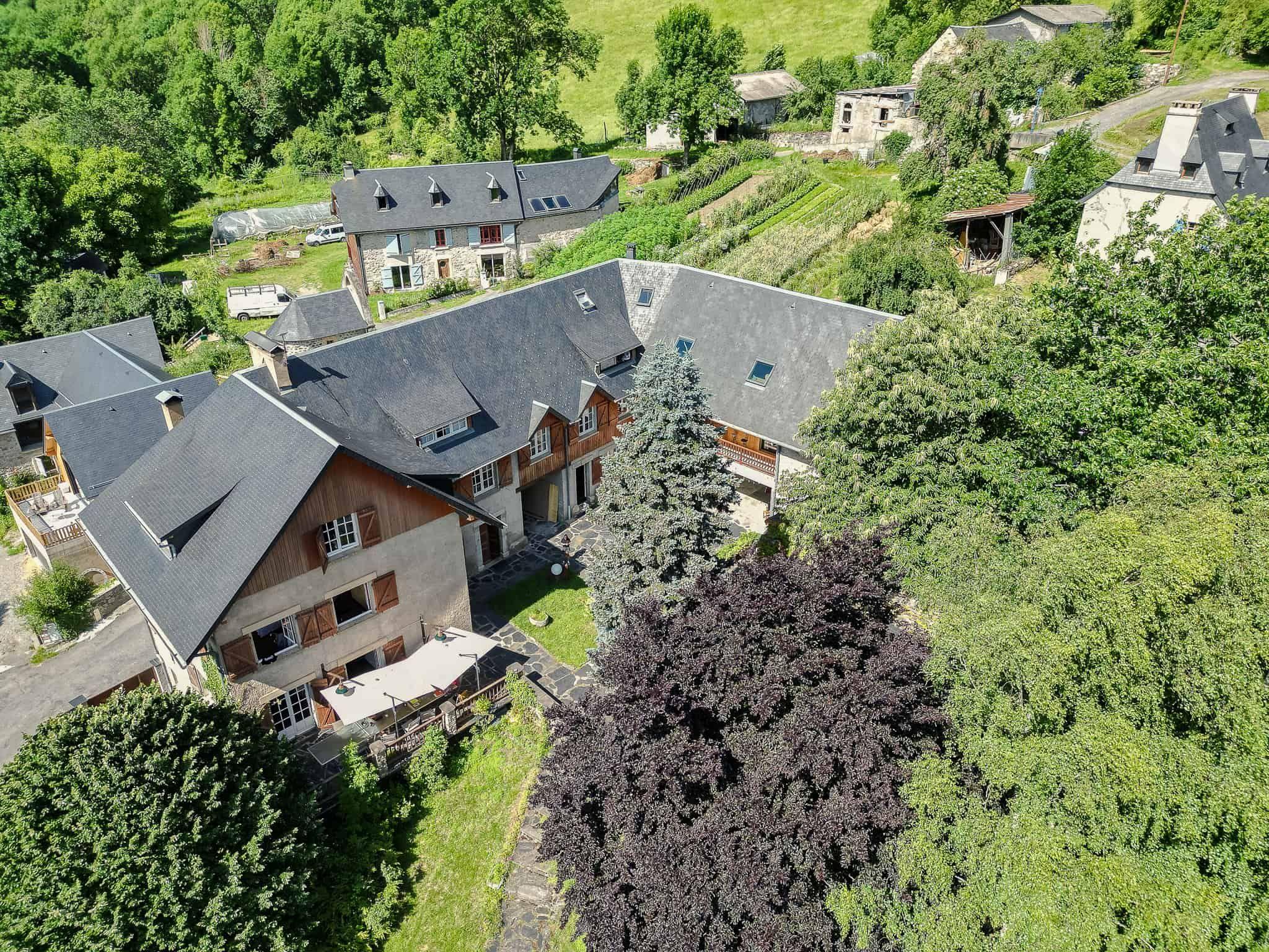 Aerial drone view of the Pyren'Escape property and the Pyrenees mountains