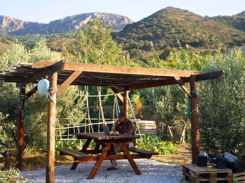 Person working on a laptop at a wooden table under a pergola, surrounded by the organic garden with mountain views in the background