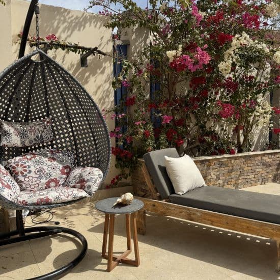 Outdoor garden lounge area with hanging egg chair, sun lounger, and flowering bougainvillea