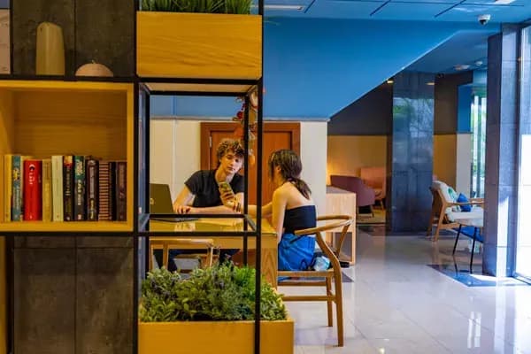 Coworking area with bookshelf divider and desks