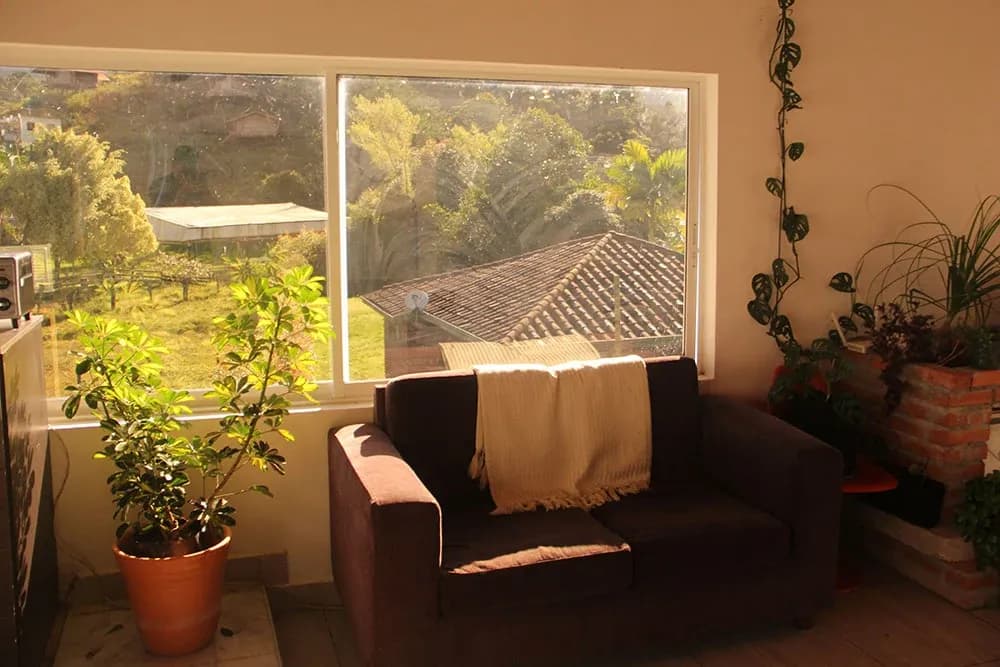 Indoor shared social space with sofa and garden view at the Guatapé location