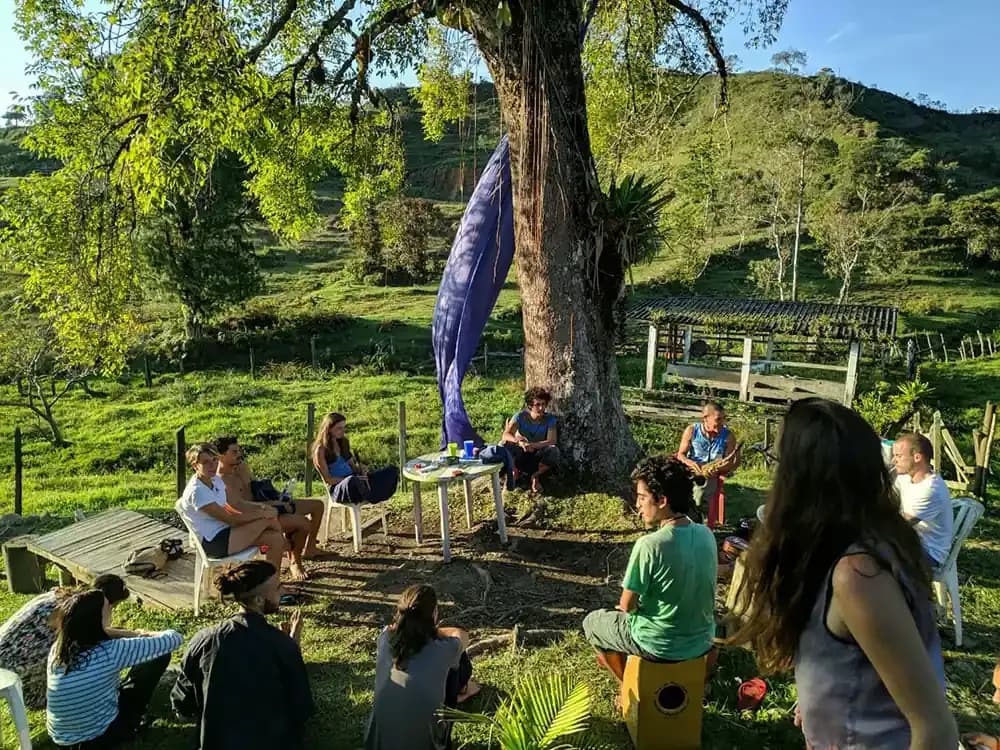 Colorful outdoor garden at the Guatapé coliving location