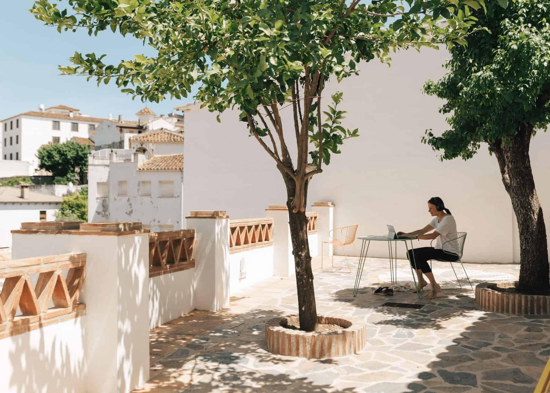 Remote workers coworking on a terrace under a lemon tree at Rooral rural coliving space in Spain