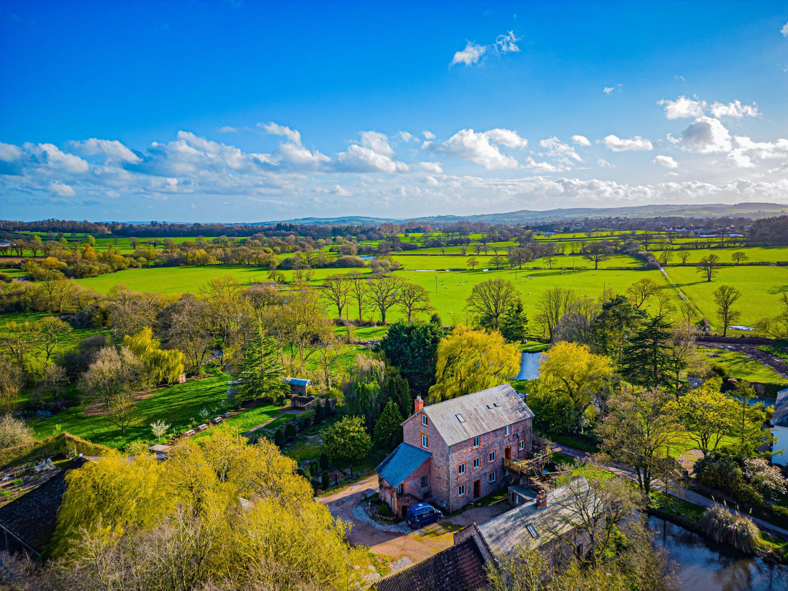 Aerial drone view of Selgars Mill Estate and surrounding Devon countryside