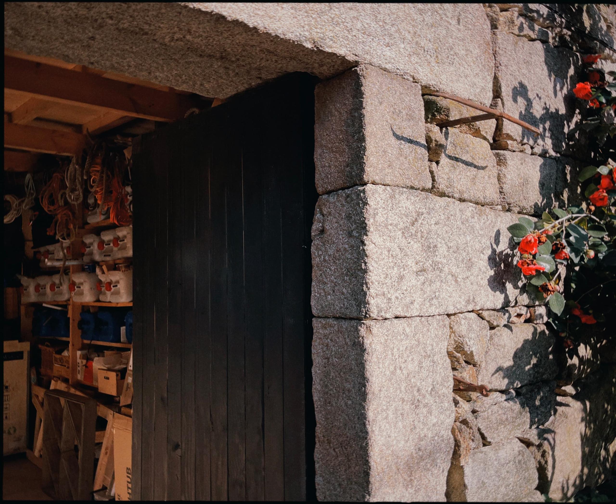 Entrance to the Sende tool workshop in an old stone house, with a camellia tree in bloom