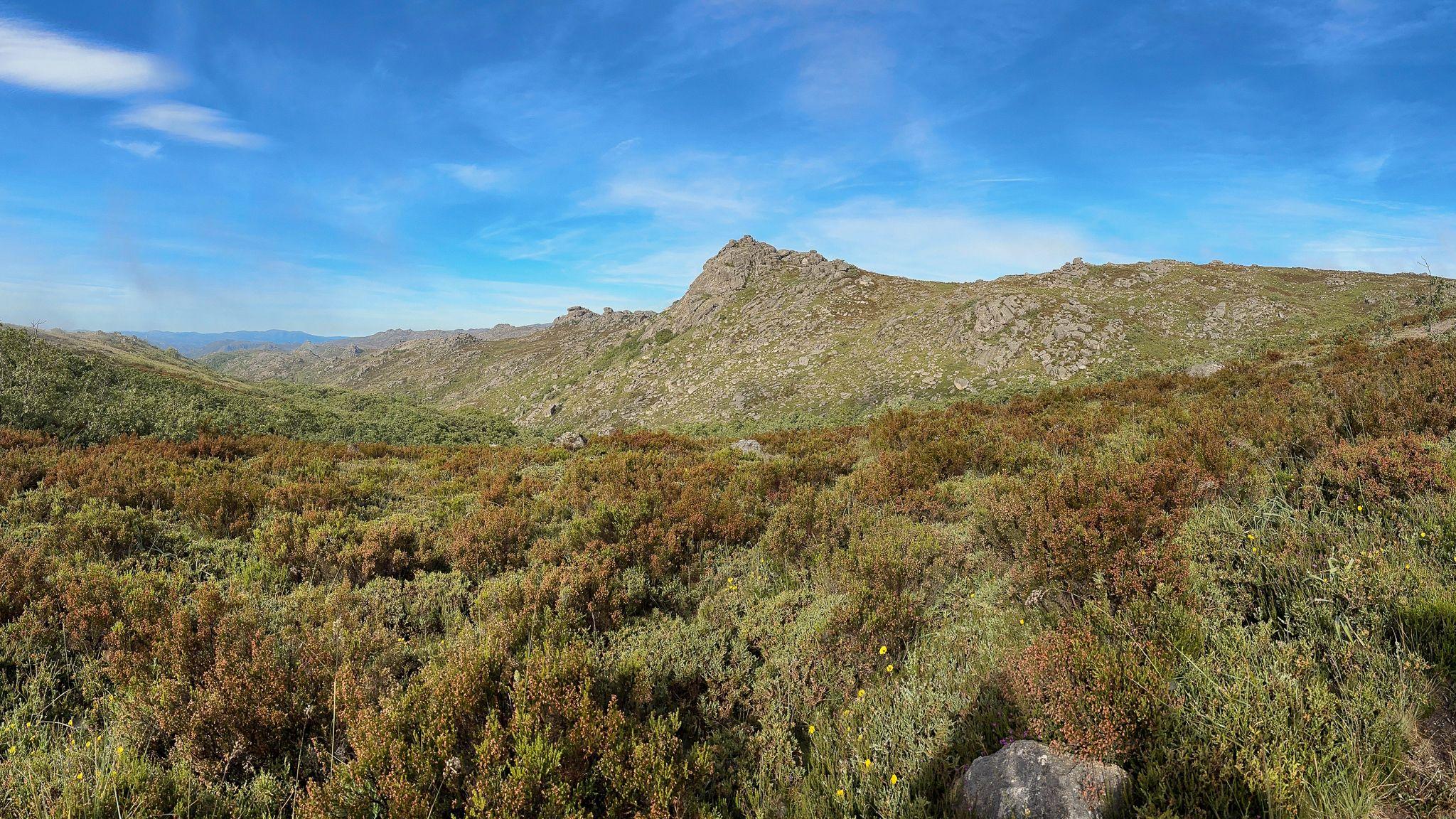 Wide landscape view of the Fontefria peak area in the national park of Portugal (Geres), visible from Sende