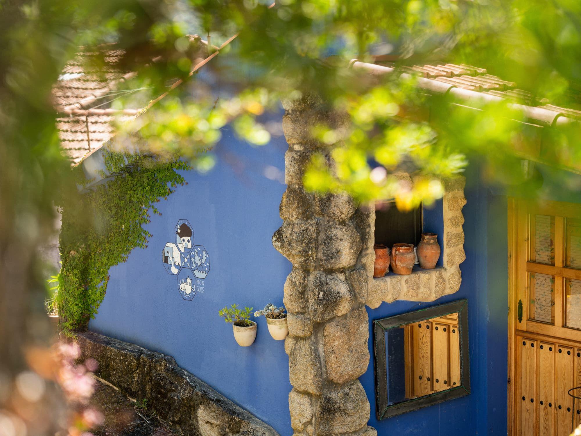 Blue-painted stone house with decorative mural, terracotta pots on windowsill, and wooden door, seen through green foliage
