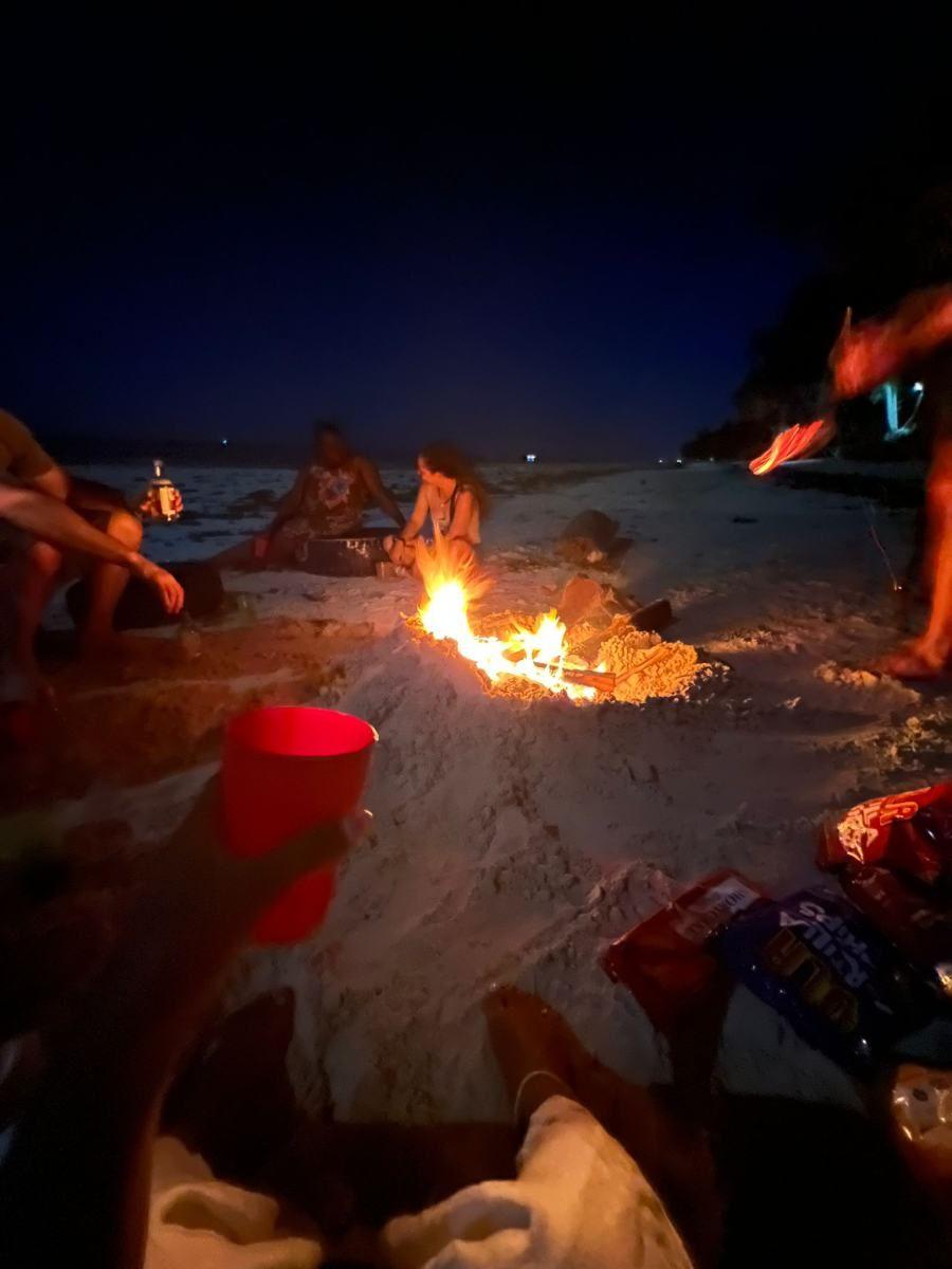 Group of people around a bonfire on the beach at night