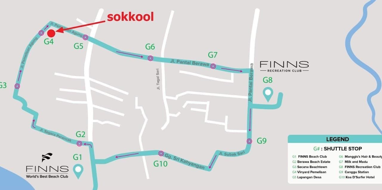 Complete route map of the FINNS Loop shuttle with 10 convenient stops including Sokkool