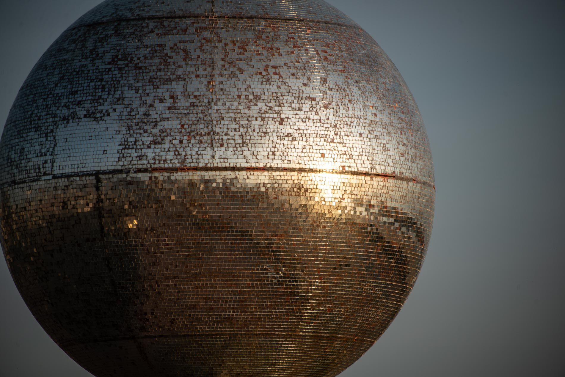 Close-up of the famous Blackpool mirror ball sculpture