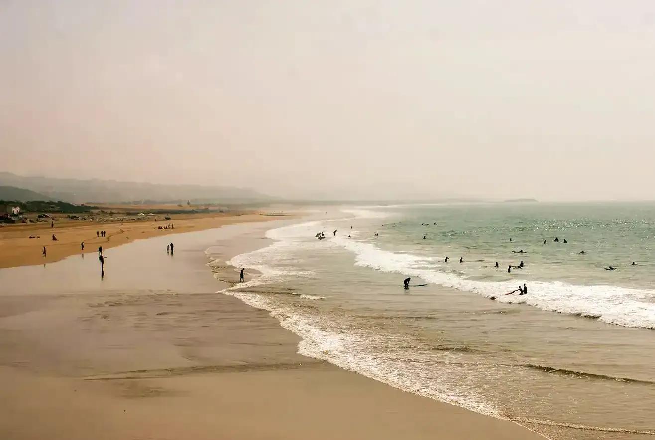 A panoramic view of the beach in Taghazout