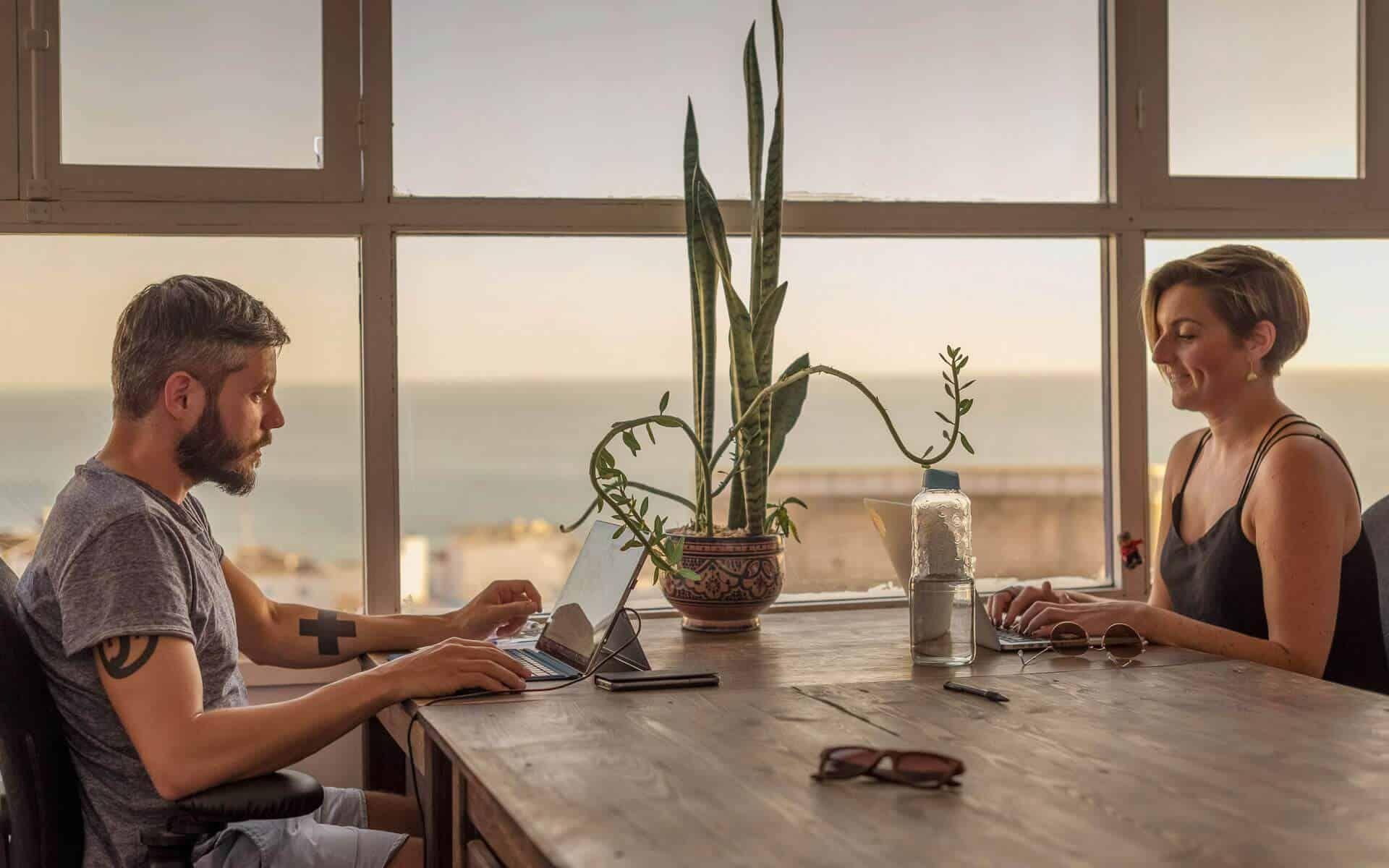 Coworkers working at the SunDesk indoor coworking office