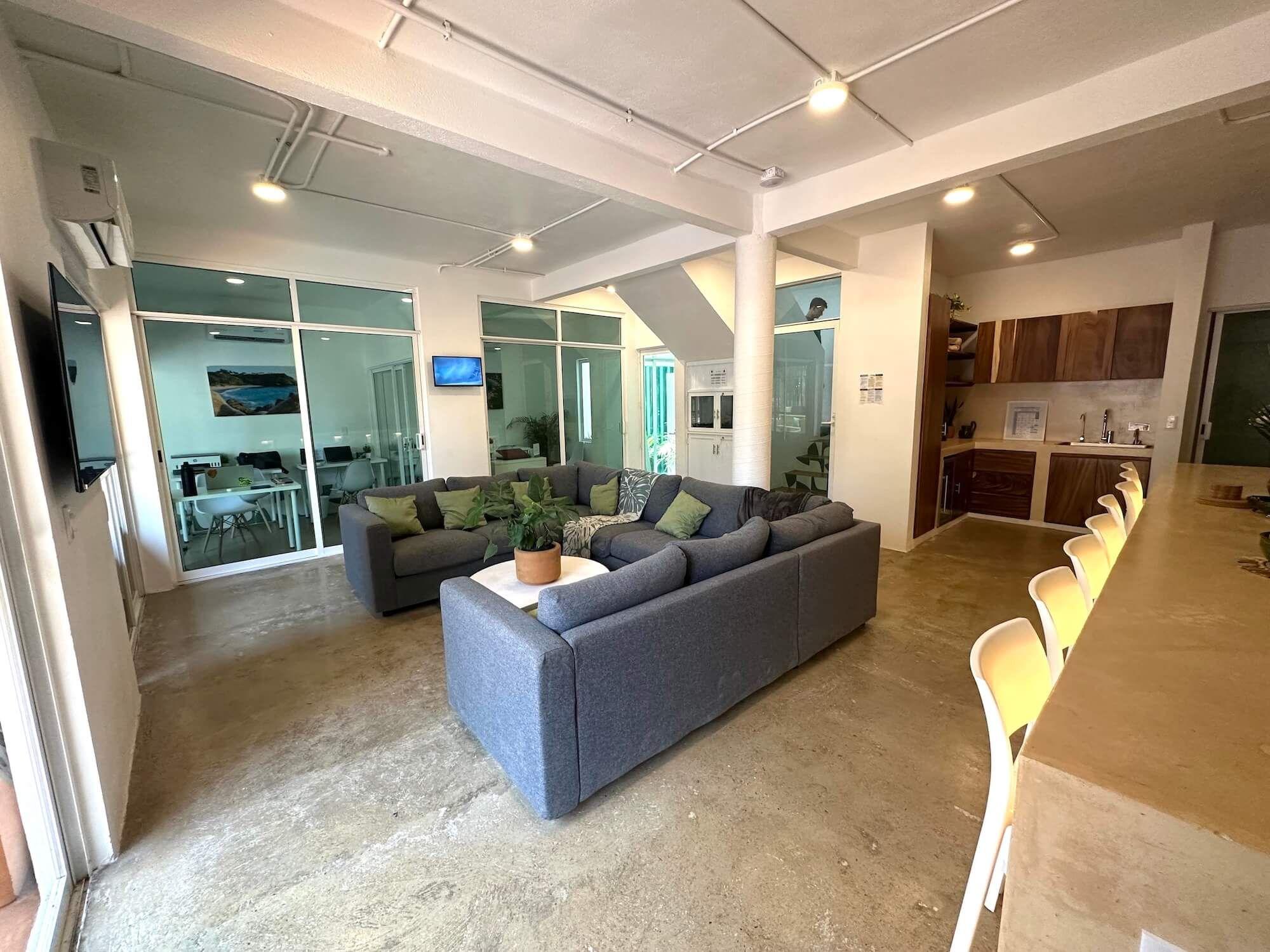 Open-plan shared living room with large grey sofas and kitchen/dining area visible in the background, with glass-walled work rooms on the left