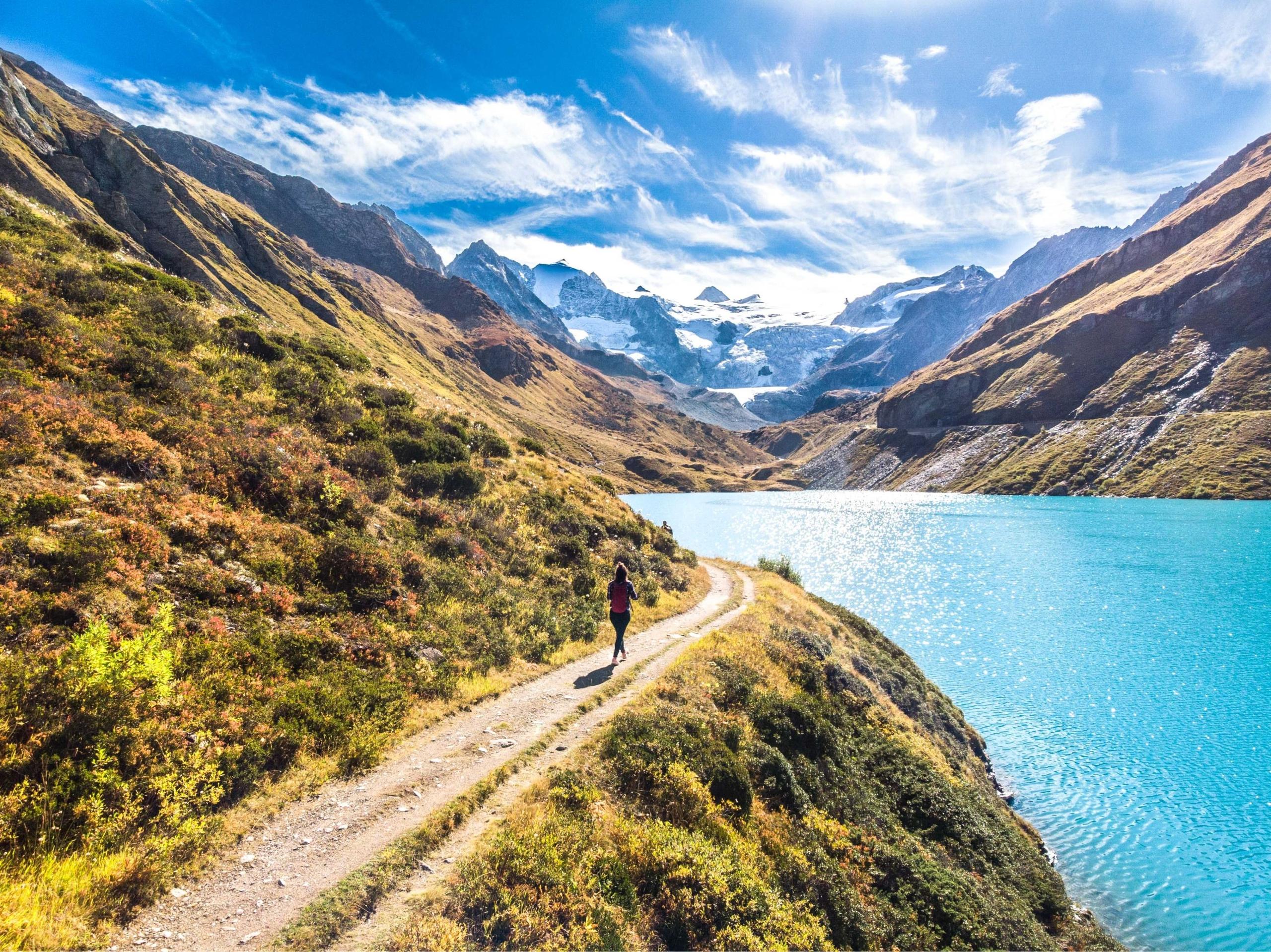 Aerial view of the Moiry glacier and turquoise lake in the Swiss Alps