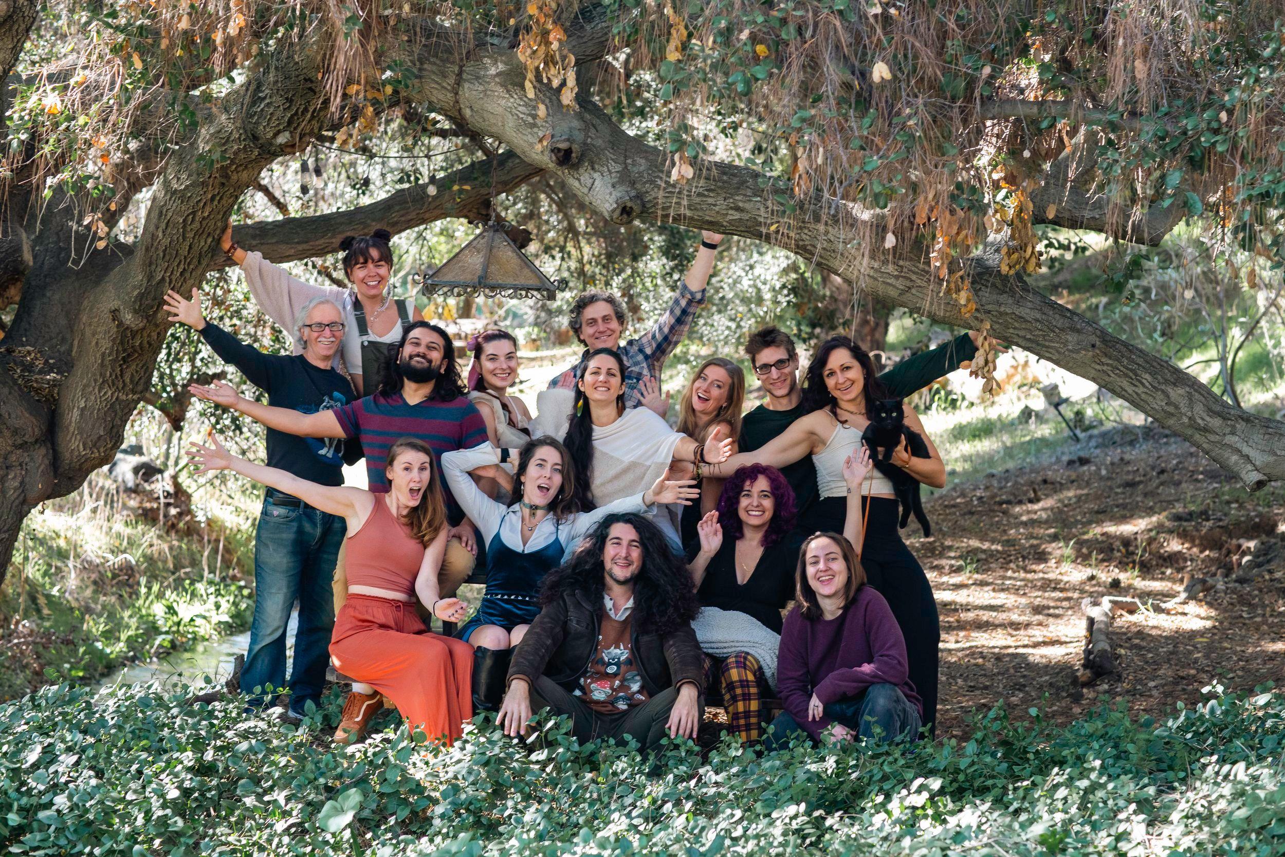 A group of smiling people posing under a large, leaning tree in a park or wooded area